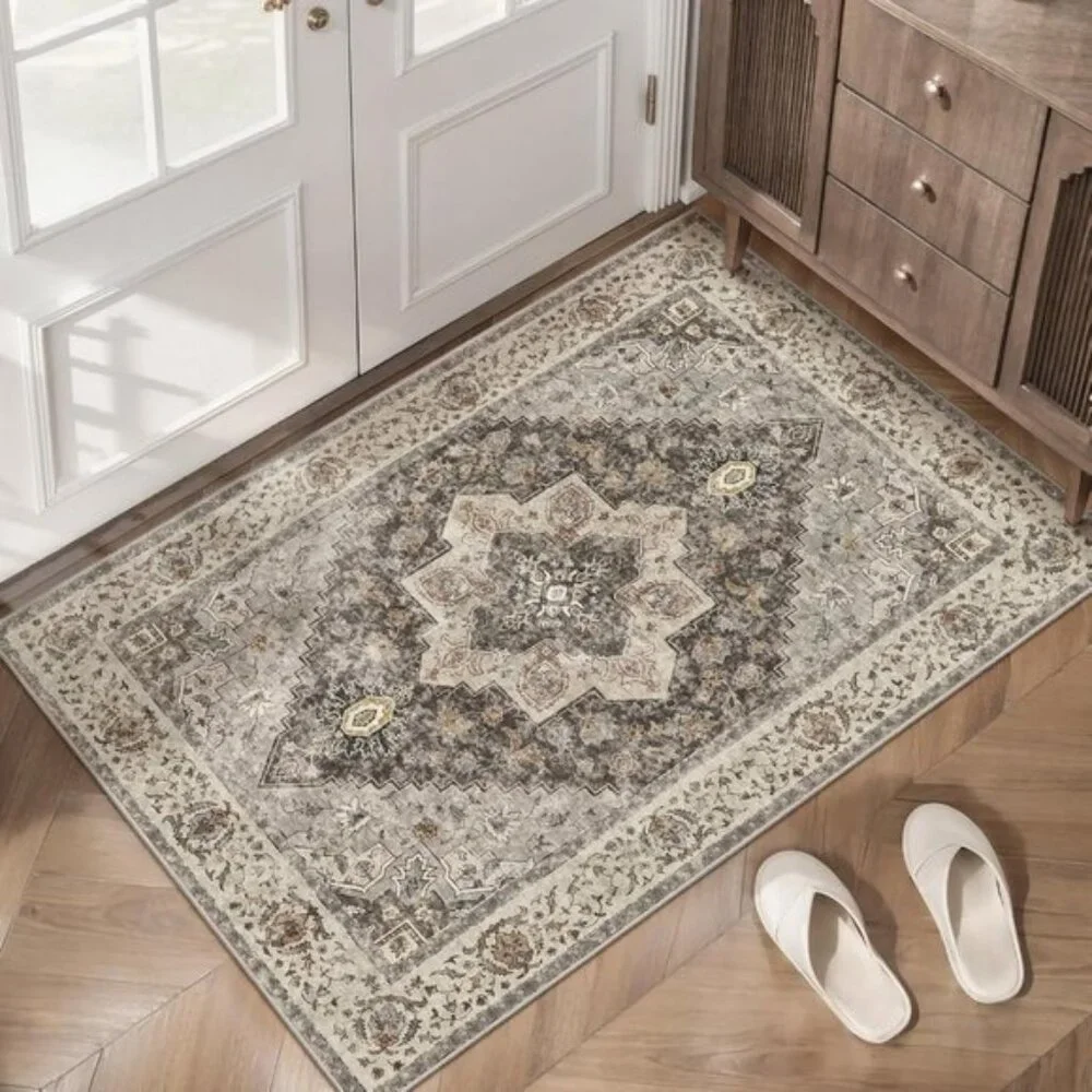 2x3 Vintage Washable Rug, Non-Slip Entryway Door Mat, Grey/Brown, Soft Low Pile